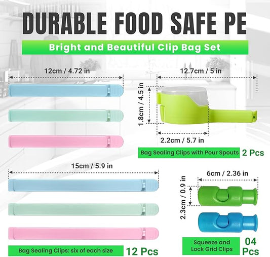 Bag Sealer Clips Mix Pack: 12 Bag Sealer Clips, 4 Squeeze-and-Lock Bread Bag Clips, and 2 Bag Sealing Clips with Pour Spouts – Reusable Food Storage Clips for Airtight Freshness and Spill-Free Storage
