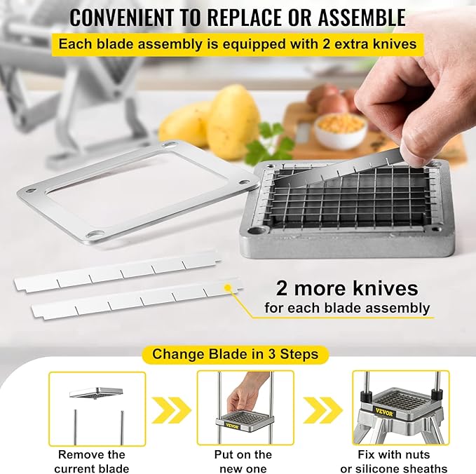 VEVOR Replacement Chopper Blade, 3/8 inch, 3 PCS French Fry Blade Assembly with 6 Extra Knives, Stainless Steel Dicer Parts and Push Block for Cutting Potatoes Carrots Onions Cucumbers Mushrooms