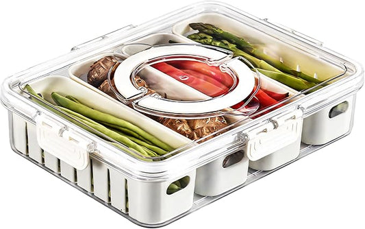 Eanpet Divided Veggie Tray with Lid and Handle 4 Compartment Serving Tray Portable Travel Snack Storage Containers Stackable Snackle Box Charcuterie Container for Fruit,Vegetable,Salad