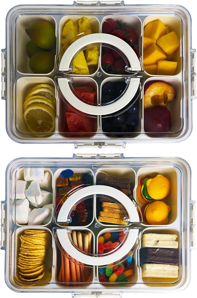 2PCS Plastic Divided Serving Tray with Lid Snackle Box Charcuterie Container Portable Snack Platters Organizer for Candy, Fruits, Snacks, Nuts, for Party, Entertaining, Picnic (8 Compartment)
