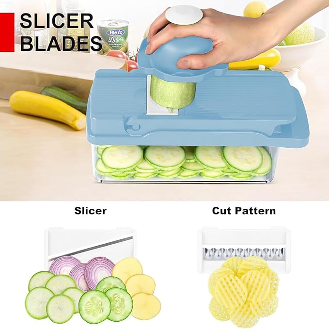 Vegetable Chopper,Food Chopper,Pro 12 in1 Multifunctional Onion Veggie Chopper,Vegetable Chopper With Container,Vegetable Slicer Dicer Cutter,Mandoline Slicer,Salad,Garlic (Blue)