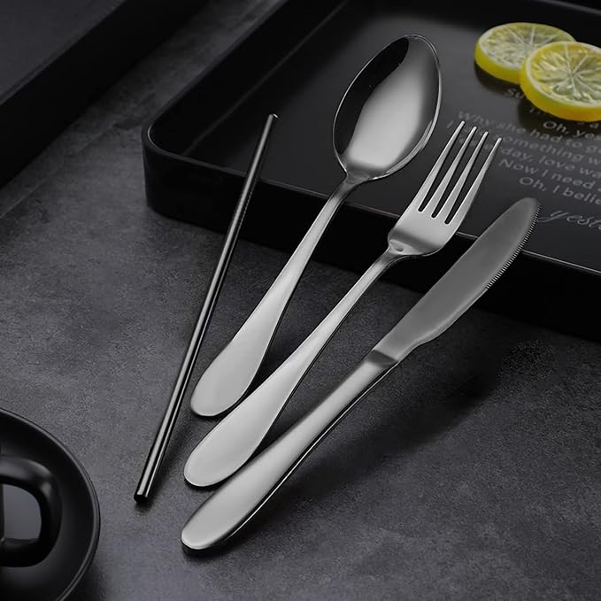 Portable Utensils Set with Case,Reusable Office Flatware Set,Healthy Travel Cutlery Set 4 PCs Stainless Steel Knife Fork Spoon Straw Cutlery Ideal for Travel, Lunch Box and Camping (Black-4 PCs)