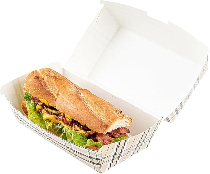 Restaurantware Bio Tek 6.7 x 3.5 x 3.5 Inch Clamshell Food Containers 100 Disposable Sandwich Containers - Hinged Lid Tab-Lock Closure Plaid Paper Hot Dog Containers Durable Greaseproof