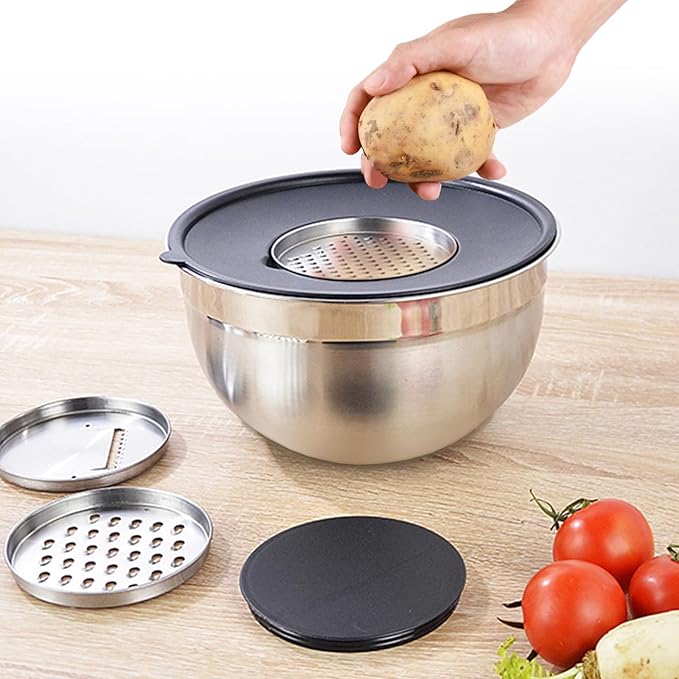 Menbyci 6 Pcs Mixing Bowls with Lids,Stainless Steel Mixing Bowls with 3 Grater Attachments,Kitchen Utensils,Mixing Bowl Set for Kitchen Mixing Baking Prepping Cooking Serving,Black
