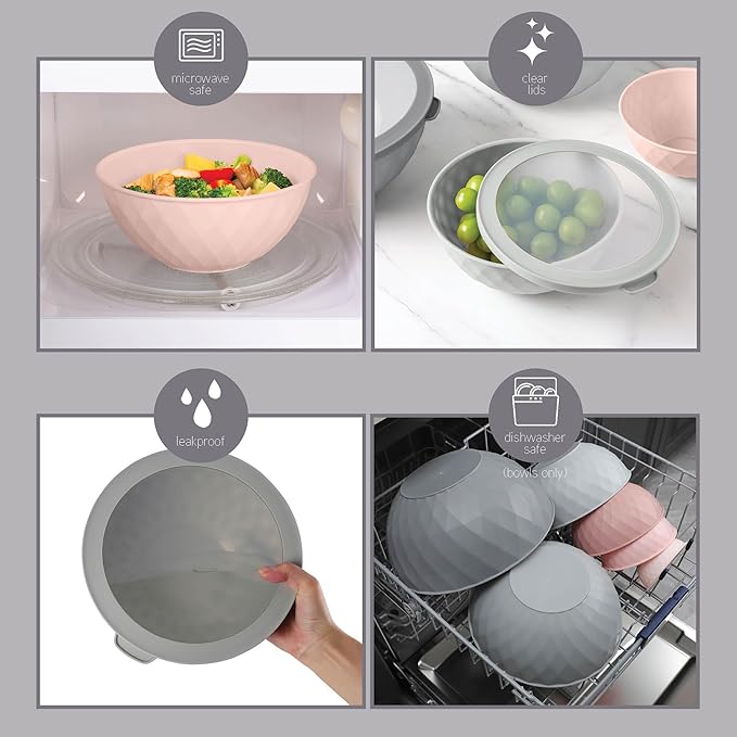 COOK WITH COLOR Mixing Bowls with Lids - 12 Piece Plastic Nesting Bowls Set includes 6 Prep Bowls and 6 Lids, Non Slip Bottom and Diamond Design - Microwave Safe (Mint)