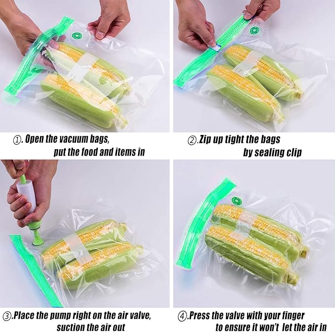 Sous Vide Bags 20pack Reusable Vacuum Food Storage Bags with 3 Sizes Vacuum Food Bags,1 Hand Pump,4 Sealing Clips for Food Storage and Sous Vide Cooking (Green Kit)