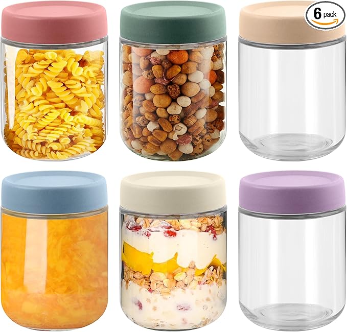 Glass jar with Airtight Lids 6 Set, 16oz overnight oats containers with lids, Glass Mason jars, Reusable Meal Prep Jars for Food Yogurt Snacks Storage