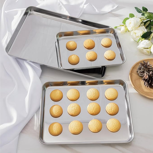 Navaris Baking Pan Breading Trays - Stainless Steel Baking Sheet Chicken Bacon Grilling Pan for Oven Cooking - Oven Grill Pan Cookie Tray - Set of 3 15.7/12.2/10.2" (40/31/26cm)