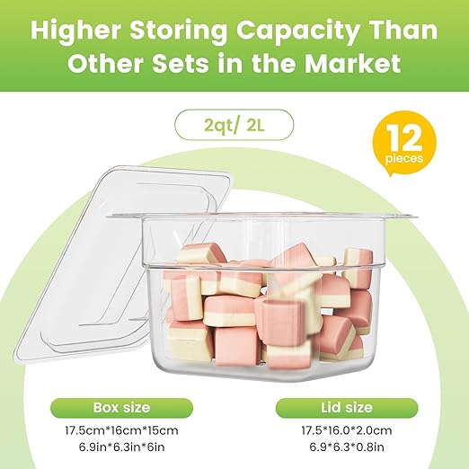 12 Pack Plastic Food Pan with Lid 1/6 Size 6 Inch Deep Restaurant Clear Food Storage Containers Polycarbonate Commercial Hotel Pans for Fruits Vegetables Beans Corns (12 PCS, 6'' Deep)