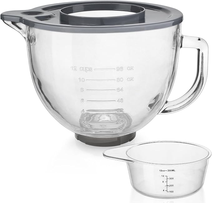 Glass Mixing Bowl Accessory 5 Quart - Compatible with KitchenAid 4.5 and 5 Quart Tilt-Head Stand Mixers (With Measuring Cup Lid)