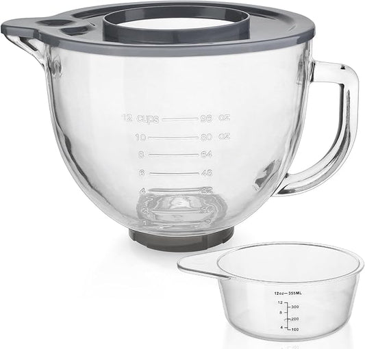 Glass Mixing Bowl Accessory 5 Quart - Compatible with KitchenAid 4.5 and 5 Quart Tilt-Head Stand Mixers (With Measuring Cup Lid)
