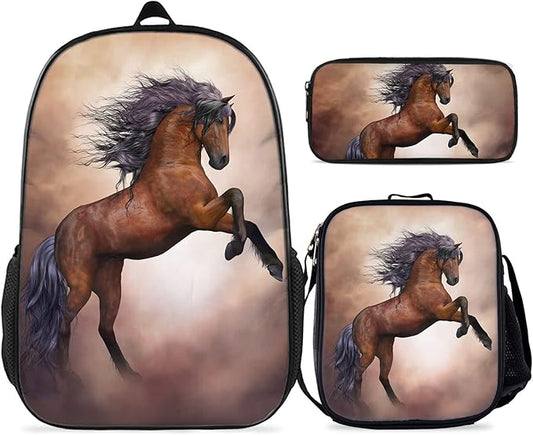 Horse Backpack, Horse Backpacks For Girls Bundle 3 Pieces for Teens, Boys and Girls Horse Includes Bookbags, Insulated Lunch Bag and Pencil Case Perfect for School and Everyday Use.