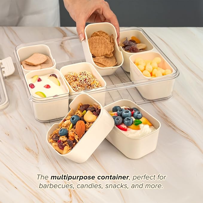 Divided tray with lid and handle, square food storage with 8 compartments, clear organizer for candies, fruits, nuts, and snacks. Perfect for parties and entertainment., Ivory White
