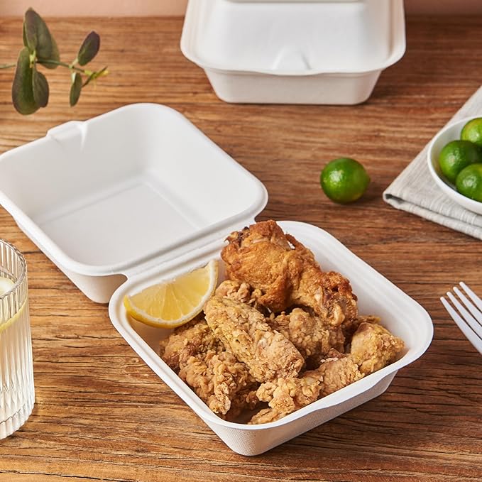 [6X6 1-Compartment 100-Pack Bio Natural Clamshell Take Out Food Containers with Lids, Disposable Bagasse Togo Plates, Eco-Friendly Biodegradable Made of Sugar Cane Fibers