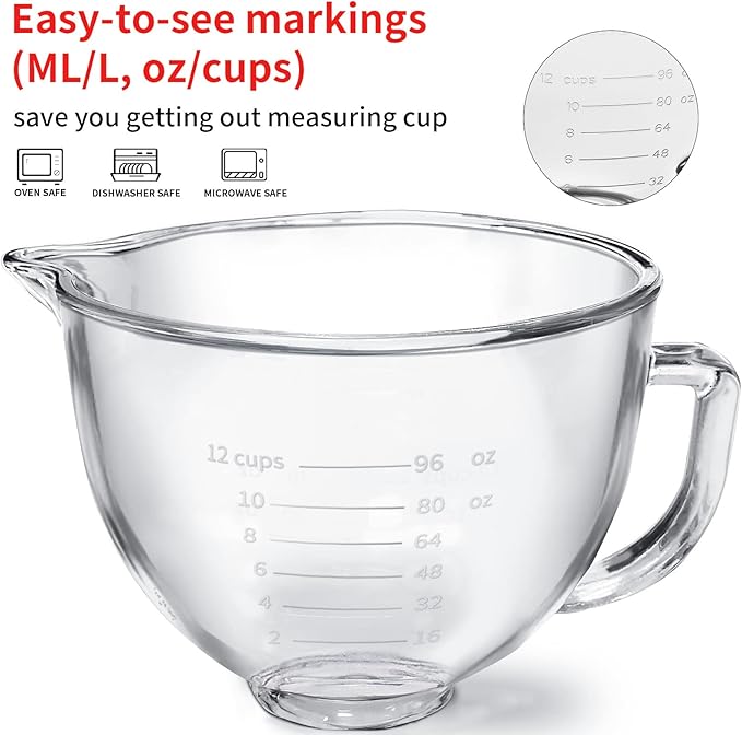 Tilt-Head Stand Mixer Glass Bowl, 5 QT,Compatible with Kitchenaid Artisan 5KSM125, 5KSM150, 5KSM175, 5KSM7580, KSM150, RRK150,K45, K45SS, KSM75, KSM90, KSM95,Classic without Lid