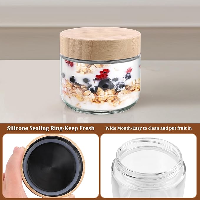 Glass jar with Bamboo lids 2 Set, 10oz overnight oats containers with lids, Glass Mason jars, Reusable Meal Prep Jars with Airtight Lids for Food Yogurt Snacks Storage