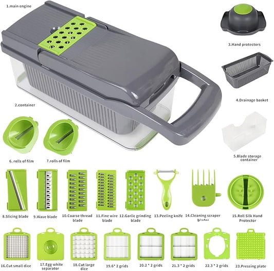 Multifunctional vegetable cutter 23 in 1 vegetable slicer, cucumber slicer, potatoes, tomatoes, zucchini, garlic, eggs, vegetable cutter with container and lid, salad cutter, dicing machine, shredder