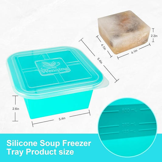 Silicone Freezer Tray with Lid 4 Pack Silicone Freezer Molds Ice Cube Tray Makes 4 Perfect 2 Cup Portions Soup Cubes Meal Prep Containers- Oven & Dishwasher Safe