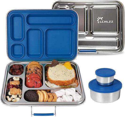 Stainless Steel Bento Box, 5 Compartments Bento Lunch Box with 2 Containers, Leakproof Lunch Box Containers BPA Free, 304 Stainless Steel Bento Box for Office, Travel, Dishwasher Safe