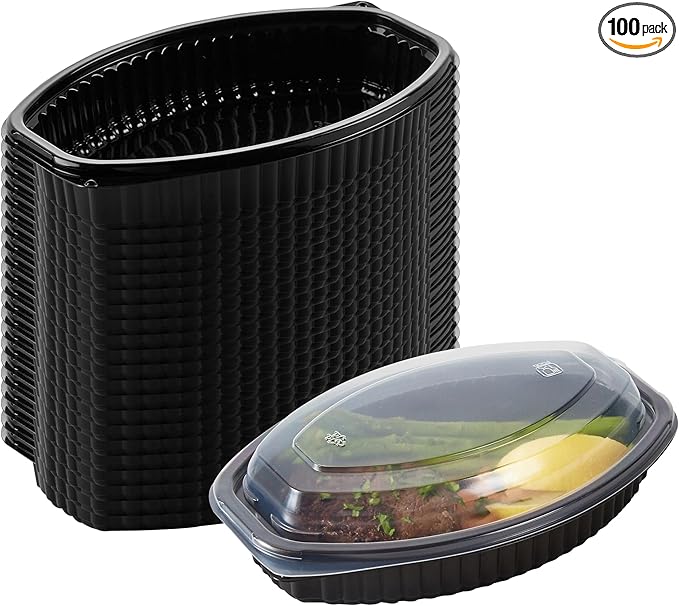 RW Base 16 Ounce Meal Prep Containers, 100 Microwavable To Go Containers With Lids - Disposable, Freezable, Black Plastic Oval Food Containers, Pack Hot And Cold Food, For Takeaway - Restaurantware