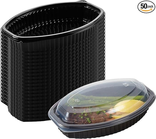 RW Base 16 Ounce Meal Prep Containers, 50 Microwavable To Go Containers With Lids - Disposable, Freezable, Black Plastic Oval Food Containers, Pack Hot And Cold Food, For Takeaway - Restaurantware