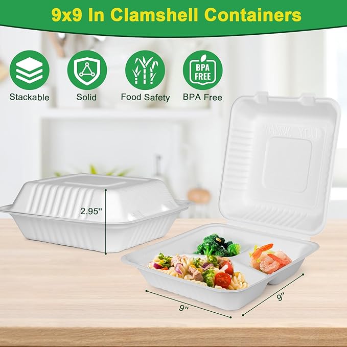 9x9 To Go Containers With Lids, 100 Pack Food Containers Disposable, Compostable Take Out Containers, 3-Compartment Heavy Duty Paper Container, Biodegradable Bagasse To Go Boxs For Food
