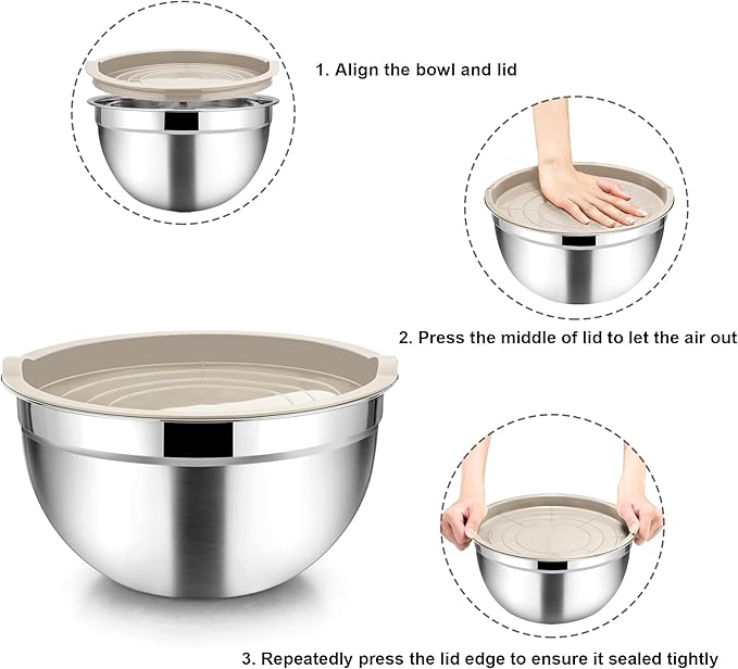 TeamFar Mixing Bowls with Lids, 7 Pieces Stainless Steel Metal Nesting Salad Bowls for Baking Prepping Serving, 7, 4.5, 3, 2.5, 1.5, 1.2, 0.7 QT, Non-Toxic & Sturdy, Airtight Lid & Easy Clean, Khaki