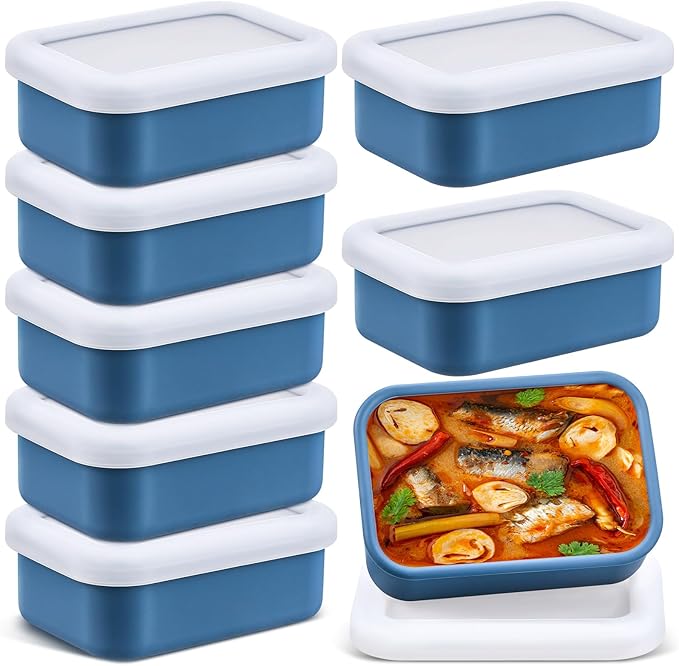 Nuogo 8 Pcs 1 Cup Silicone Freezer Trays with Lid Silicone Soup Molds Rectangle Soup Freezer Containers Reusable Food Preserving Tray Ice Trays for Soups Sauces Stews(Dark Blue)