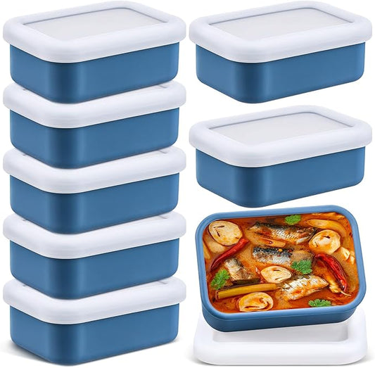 Nuogo 8 Pcs 1 Cup Silicone Freezer Trays with Lid Silicone Soup Molds Rectangle Soup Freezer Containers Reusable Food Preserving Tray Ice Trays for Soups Sauces Stews(Dark Blue)
