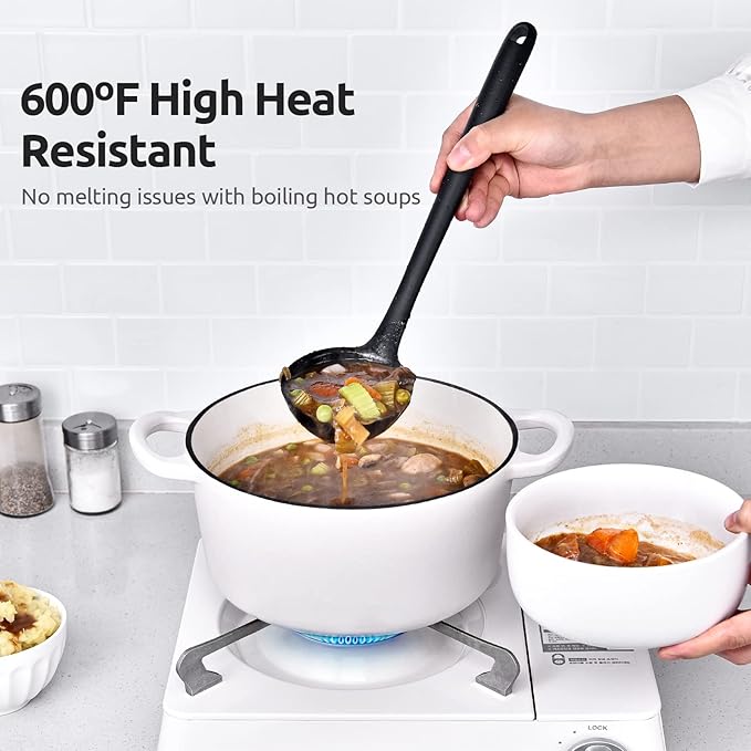 U-Taste 10 Piece Measuring Cups and Spoons Set in 18/8 Stainless Steel, and 600ºF Heat Resistant 13 inch Large Non-Stick Silicone Soup Ladle (Black)