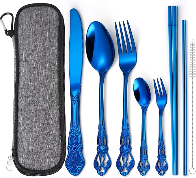 AARAINBOW 7 Pieces Stainless Steel Flatware Set Portable Reusable Cutlery Set Travel Utensils Set Including Chopsticks Knife Fork Spoon Straws Cleaning Brush Dishwasher Safe (G-Blue)