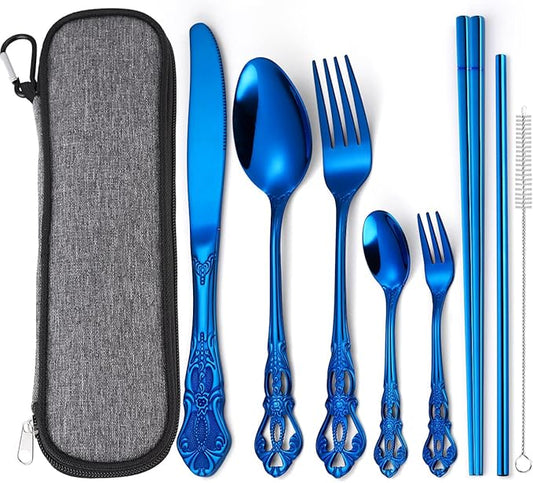 AARAINBOW 7 Pieces Stainless Steel Flatware Set Portable Reusable Cutlery Set Travel Utensils Set Including Chopsticks Knife Fork Spoon Straws Cleaning Brush Dishwasher Safe (G-Blue)