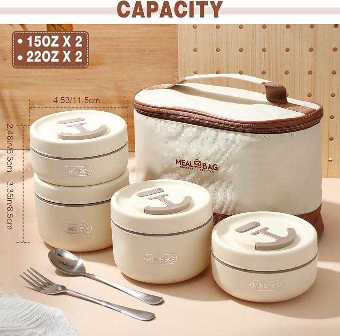 Dandat 4 Pcs Insulated Bento Box Portable Stainless Steel Food Container Round Microwave Safe Stackable Leakproof Thermal Food Container for Adult Men Women with Insulated Bag, 74 oz(Beige)