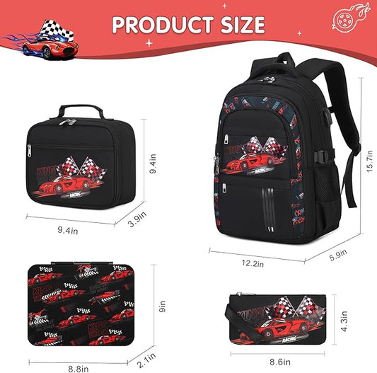 Luminous Boys Backpack - Racing Car Bento Box with Insulated Lunch Bag Pencil Case & Utensils Set for Kids, 6 Leakproof Compartments Removable Tray Lunches or Snack Container (Racing Car)