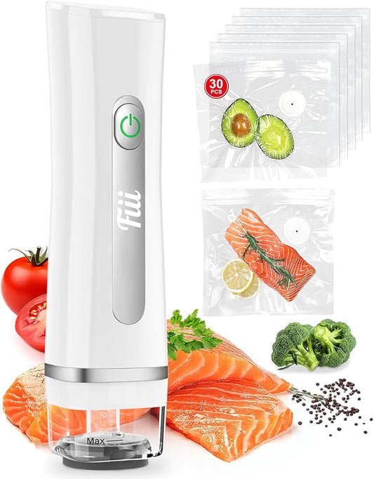 Fiii Vacuum Sealer with 30 Reusable Bags for Food, Powerful Handheld Vacuum Sealer Machine with Visible Water Tank, One Touch Kitchen Storage and Preservation, white & gray