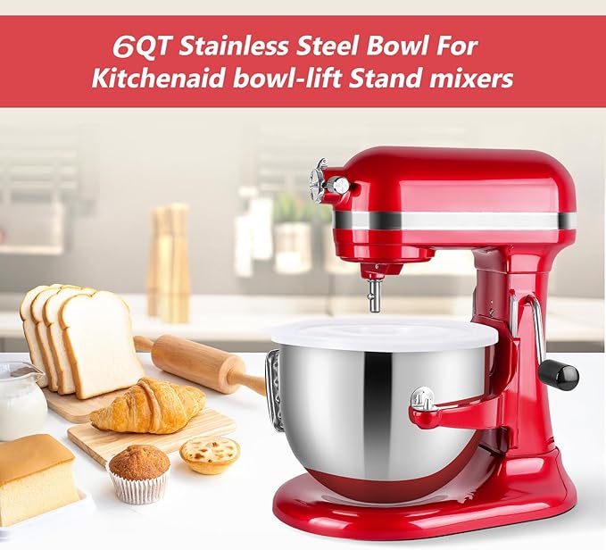 6QT Stainless Steel Mixing Bowl for KitchenAid Stand Mixers, Stainless Steel Bowl with Lid to Prevent Food Splatters, Compatible with KitchenAid 6QT Stand Mixers with Handle, Dishwasher safe