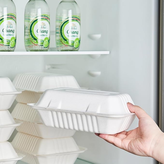 [9X6 1-Compartment 75-Pack Bio Natural Clamshell Take Out Food Containers with Lids, Disposable Bagasse Togo Plates, Eco-Friendly Biodegradable Made of Sugar Cane Fibers