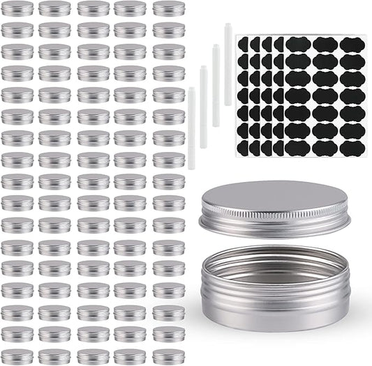 102 Pack Round Cans with Screw Lid 1 Oz Aluminum Metal Tins DIY Food Candle Containers for Lotion Bars, Balms, Salve, Spices, Beard Balm, Crafts with 4 Markers 5 Sheets Label Stickers (Silver)