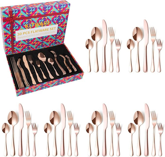 30 Pieces Rose Gold Silverware Set, Stainless Steel Rose Gold Cutlery Flatware Set Service for 6, Home Kitchen Utensil Sets Tableware for Restaurant and Party