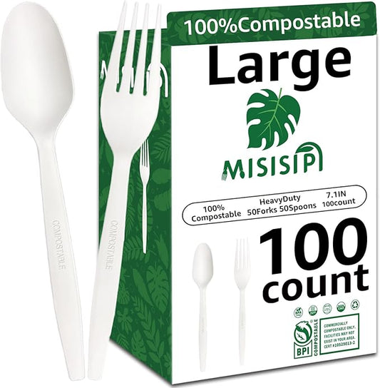 MISISIPI [7.1In 100Pcs] 100% Compostable Forks and Spoons Biodegradable Forks and Spoons HeavyDuty No Plastic Fork and Spoon Eco-friendly HeavyWeight Disposable Forks and Spoon Flatware Set