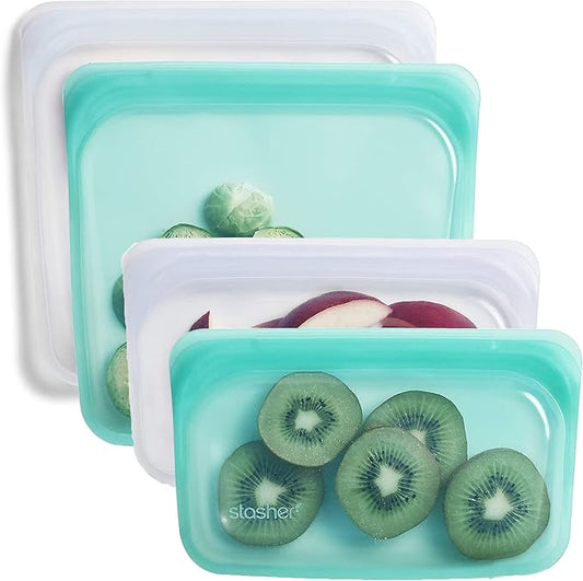 Stasher Silicone Reusable Storage Bag, Bundle 4-Pack Lunch (Clear+Aqua) | Food Meal Prep Storage Container | Lunch, Travel, Makeup, Gym Bag | Freezer, Oven, Microwave, Dishwasher Safe, Leakproof