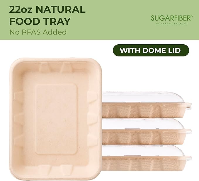 [100 COUNT]Harvest Pack 22 oz PFAS FREE Disposable Food Trays with Dome Lids, Compostable Disposable Food Container Bagasse Serving Trays, Rectangle, Made from Sugarcane Eco-Friendly Plant Fibers