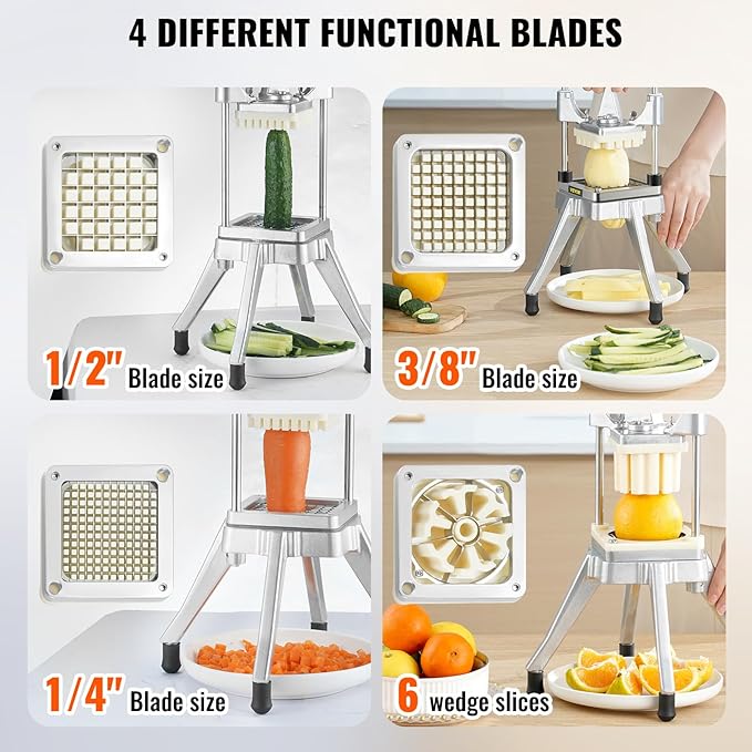 VEVOR Commercial Vegetable Fruit Chopper, Stainless Steel French Fry Cutter w/ 4 Blades 1/4" 3/8" 1/2", Vegetable Chopper Dicer w/Stainless Bowl, Heavy Duty Cutter for Potato Tomato Onion Mushroom