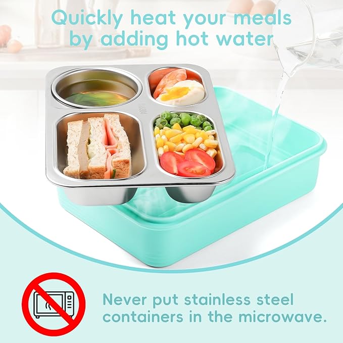 36-oz Lunch Box Containers Stainless Steel Bento Box for Adults with 4-Compartment Snack Tray, Soup Bowl with Lid & Metal Spoon, Dishwasher Safe, Easy to Carry, Green
