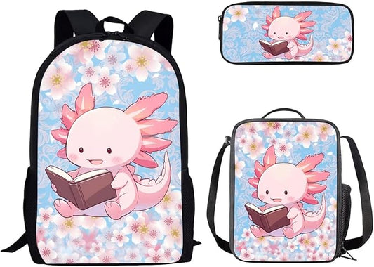 Dolyues Cherry Blossom Axolotl Cute Girls' Backpack Set for Elementary School - 3-Piece Bookbag with Lunch Bag & Pencil Case - Stylish and Functional School Essentials for Kids