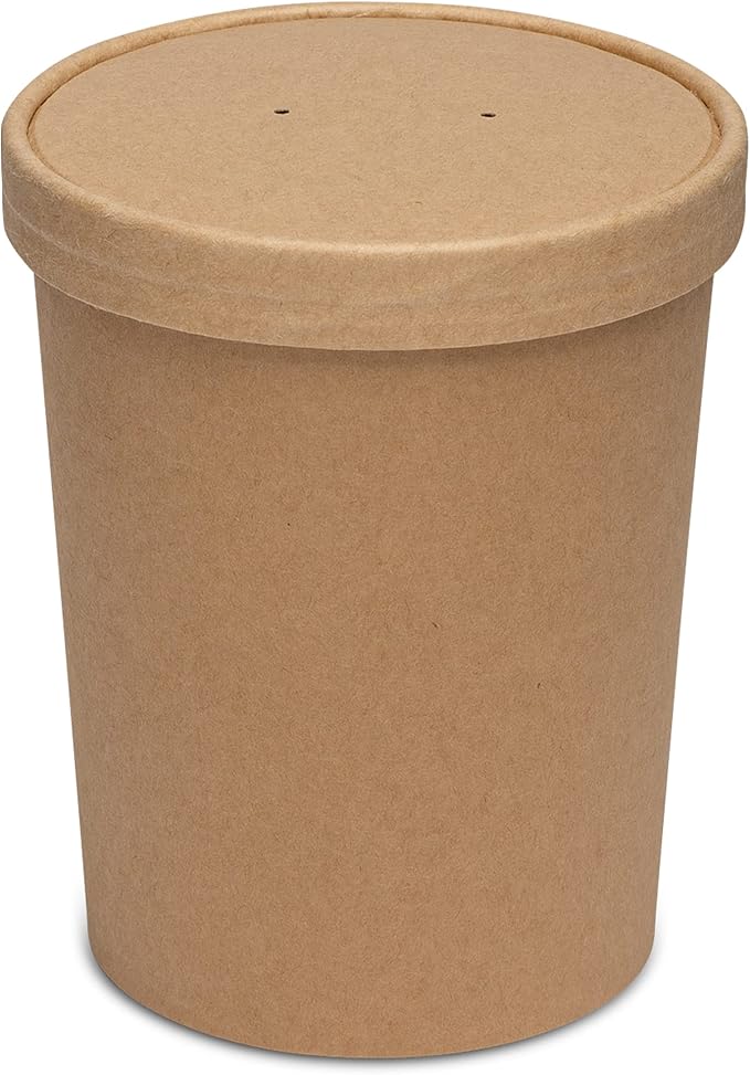GUSTO [32 oz. - 25 Count Kraft Paper Food Containers with Vented Lids - To Go Hot Soup Bowls, Disposable Ice Cream Cups, Ideal for Hot and Cold Foods - (Formerly Comfy Package)