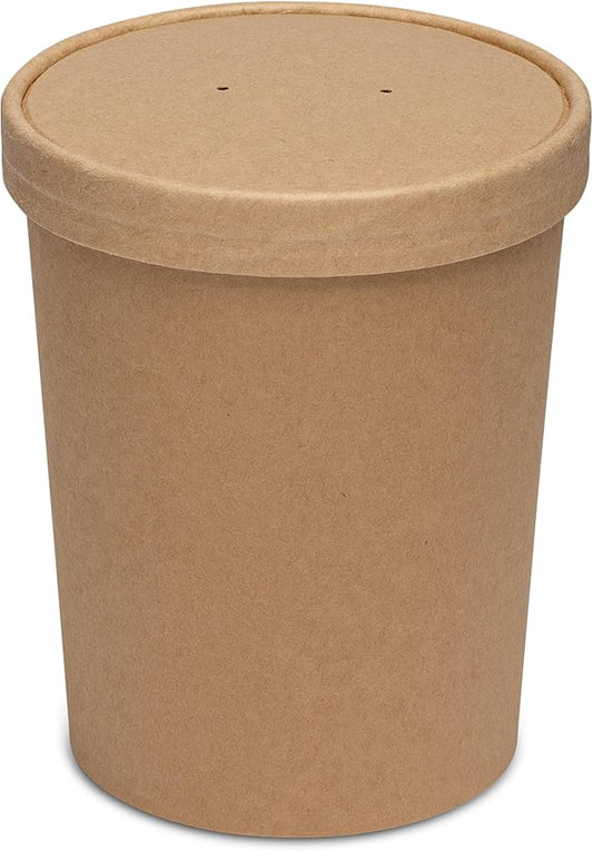 GUSTO [32 oz. - 25 Count Kraft Paper Food Containers with Vented Lids - To Go Hot Soup Bowls, Disposable Ice Cream Cups, Ideal for Hot and Cold Foods - (Formerly Comfy Package)