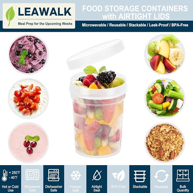 32 oz -12 Pack Reusable Food Freezer Storage Containers with Lids BPA Free, Twist Top Deli Container, Leak Proof, Stackable, Microwave and Dishwasher Safe-Elegant White