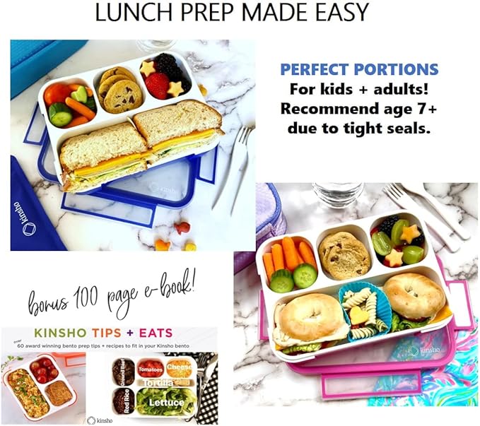 Bento Lunch-Box for Kids and Adults: Leakproof Lunch Boxes with 4 Compartments, Divided Containers for Boys Girls Women Men - School Work Portion Container, Utensils, Blue + Rose Pink Set