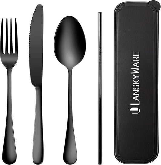 Portable Utensils Set with Case,Reusable Office Flatware Set,Healthy Travel Cutlery Set 4 PCs Stainless Steel Knife Fork Spoon Straw Cutlery Ideal for Travel, Lunch Box and Camping (Black-4 PCs)